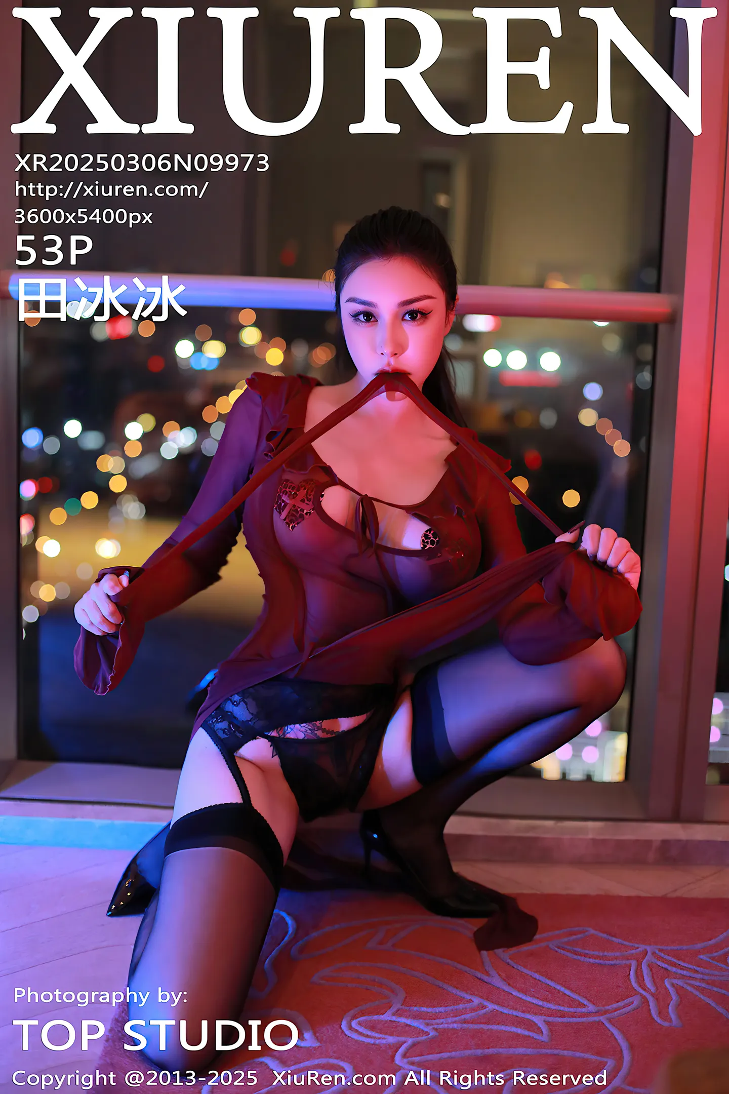 [XiuRen秀人网] VOL.9973 模特田冰冰性感酒红色薄纱连衣裙配黑丝吊袜秀丰满身材诱惑写真53P-秀人网官方网站